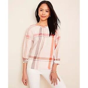 ANN TAYLOR plaid tie back popover blouse lyocell cotton blend nwt